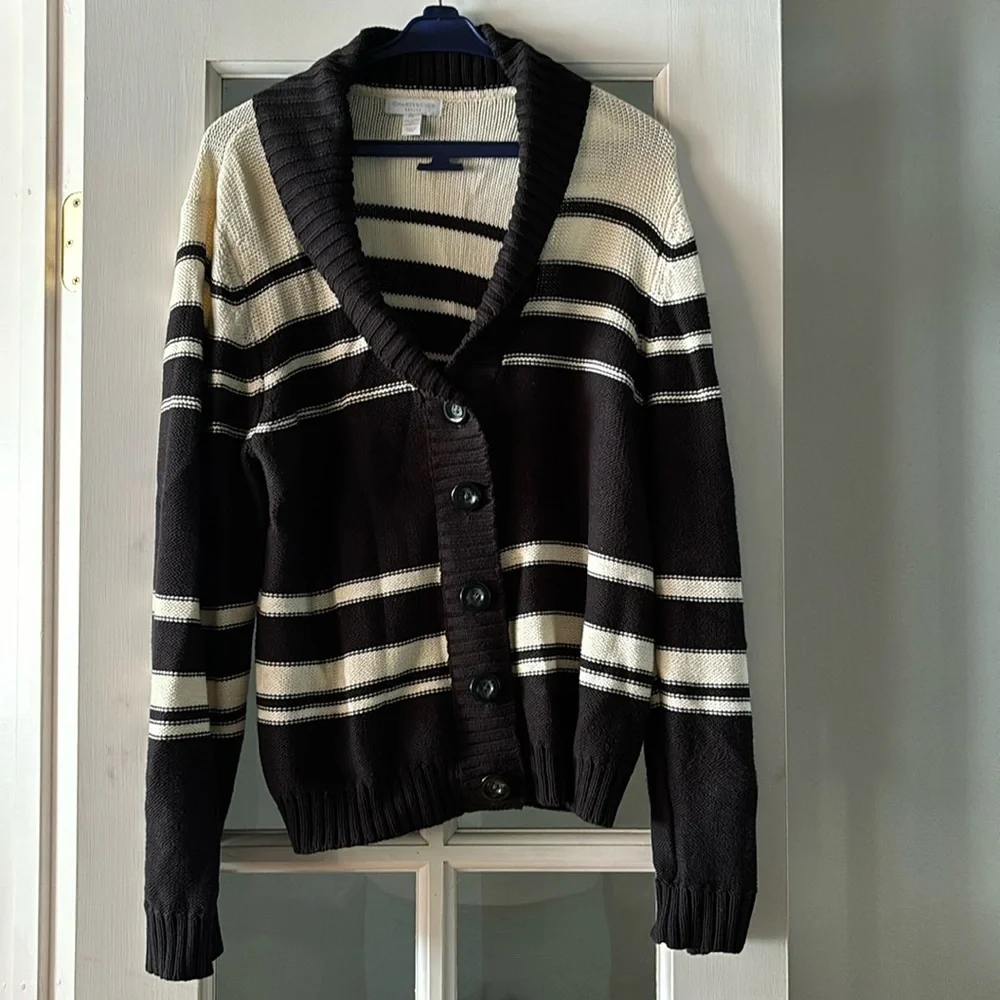 Charter Club  large stripped shawl collar cardigan ribbed preppy lg buttons SzPL